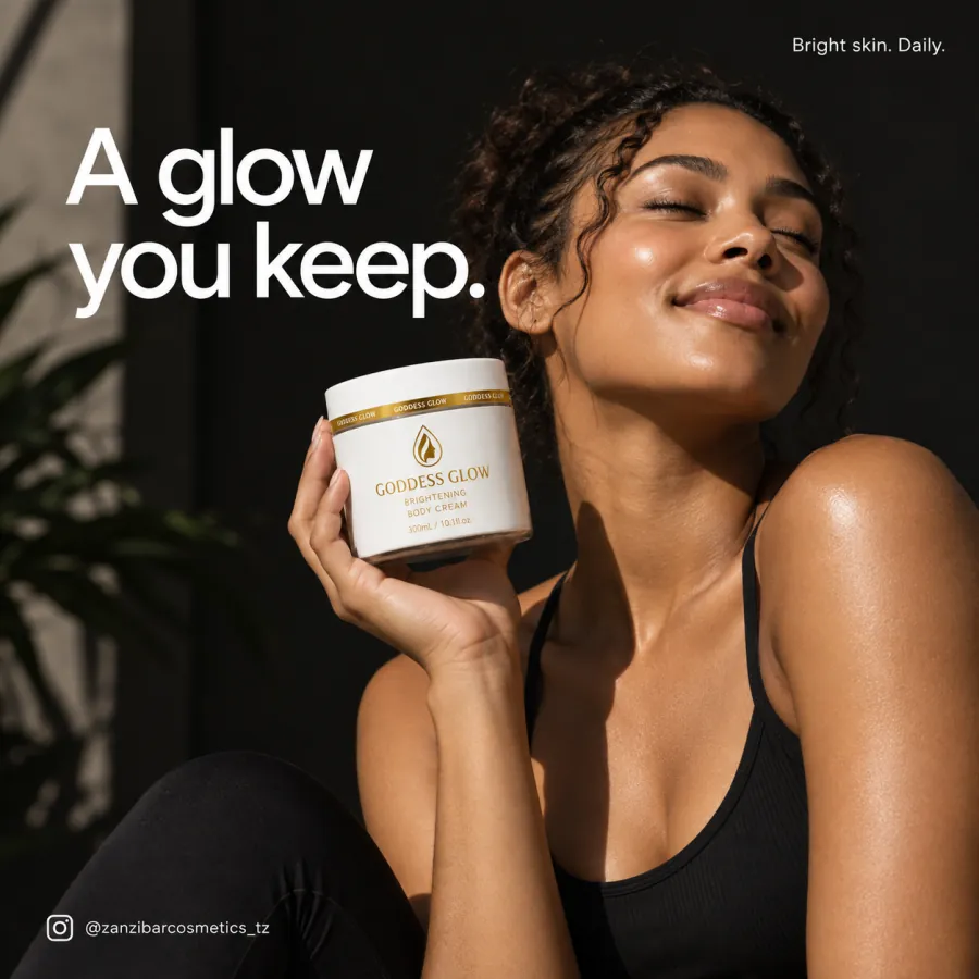 Goddess Glow Brightening Body Cream campaign — 'A glow you keep.' Bright skin, daily.
